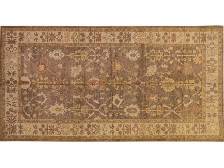 Modern Turkish Oushak Handmade Floral Motif Brown Gallery Wool Rug