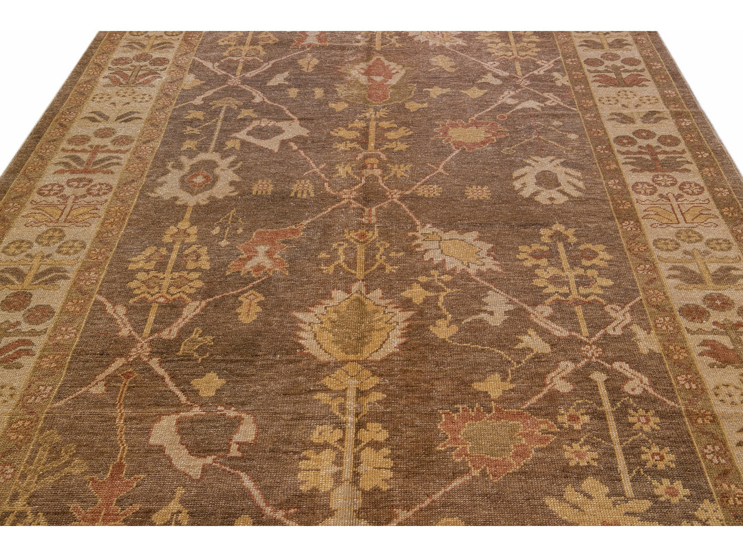 Modern Turkish Oushak Handmade Floral Motif Brown Gallery Wool Rug