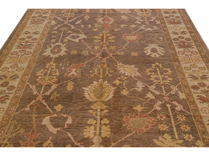 Modern Turkish Oushak Handmade Floral Motif Brown Gallery Wool Rug