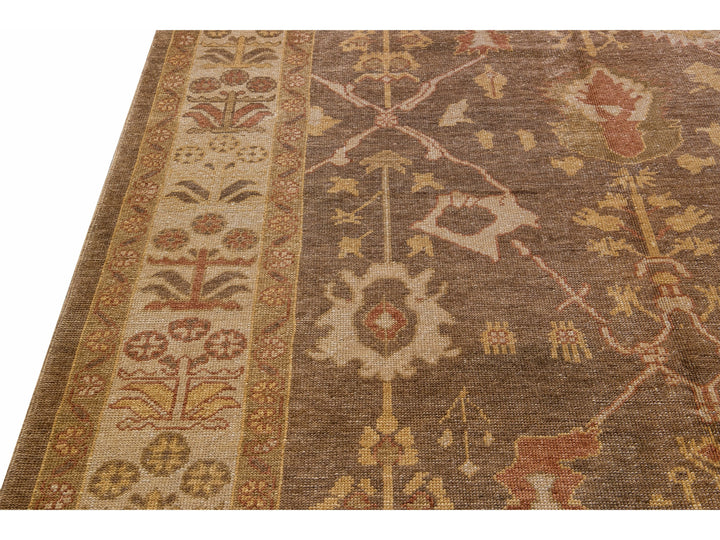 Modern Turkish Oushak Handmade Floral Motif Brown Gallery Wool Rug