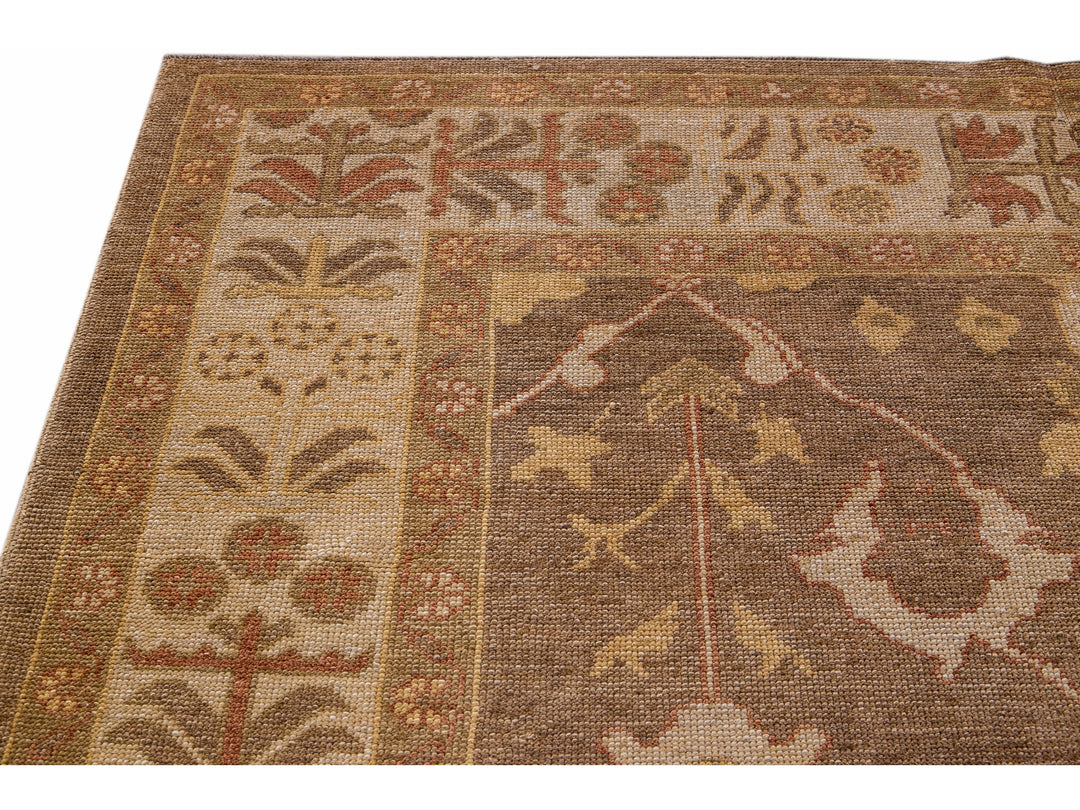 Modern Turkish Oushak Handmade Floral Motif Brown Gallery Wool Rug