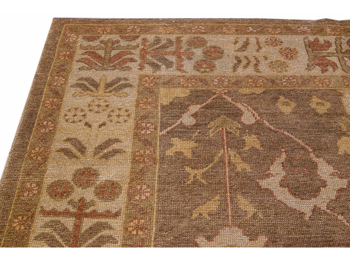 Modern Turkish Oushak Handmade Floral Motif Brown Gallery Wool Rug