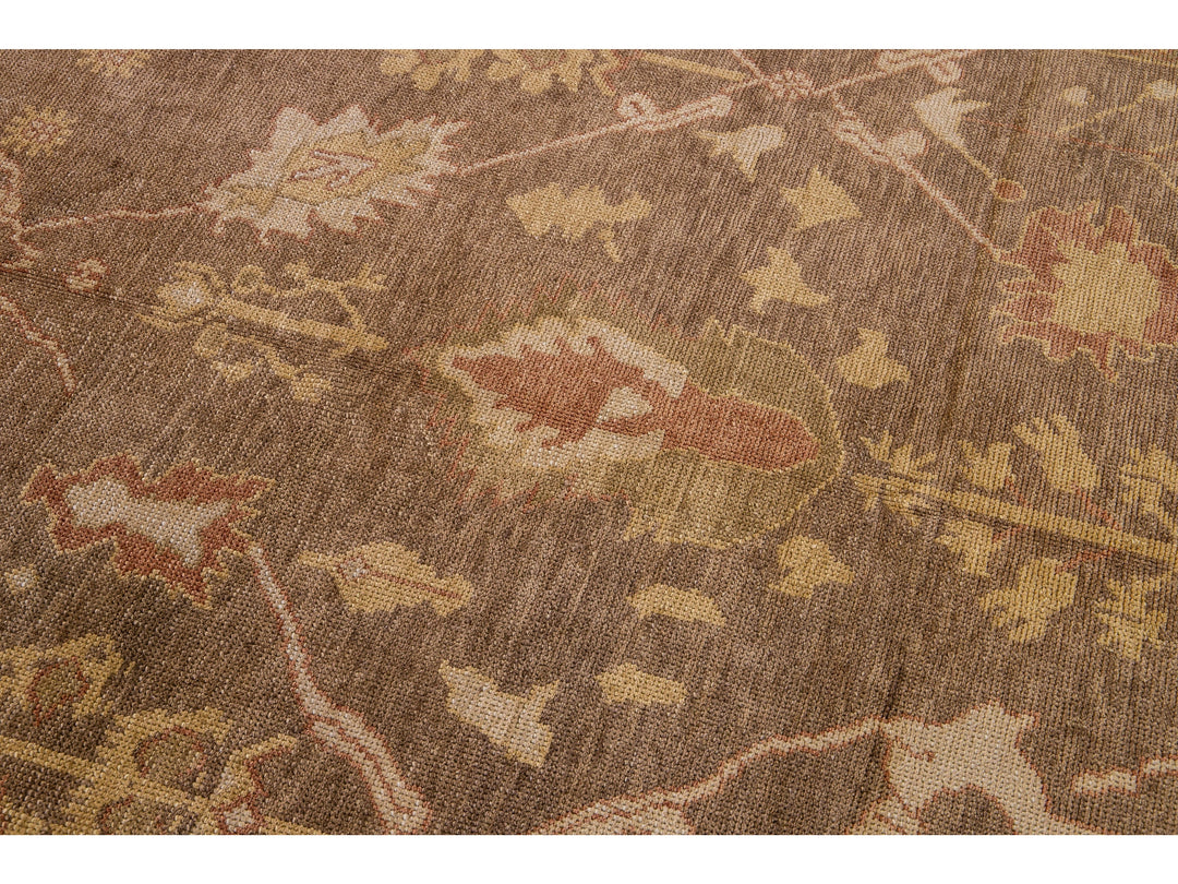 Modern Turkish Oushak Handmade Floral Motif Brown Gallery Wool Rug