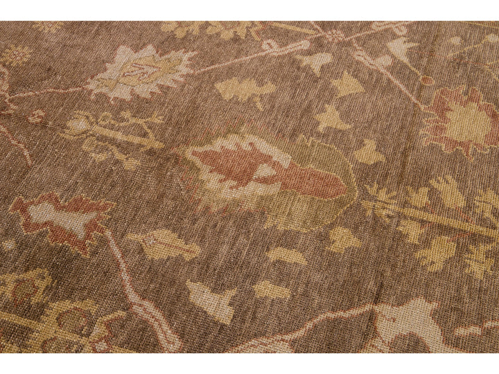 Modern Turkish Oushak Handmade Floral Motif Brown Gallery Wool Rug