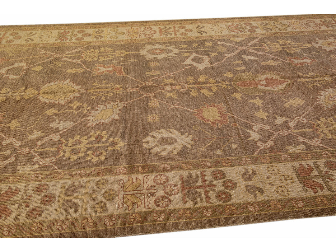 Modern Turkish Oushak Handmade Floral Motif Brown Gallery Wool Rug