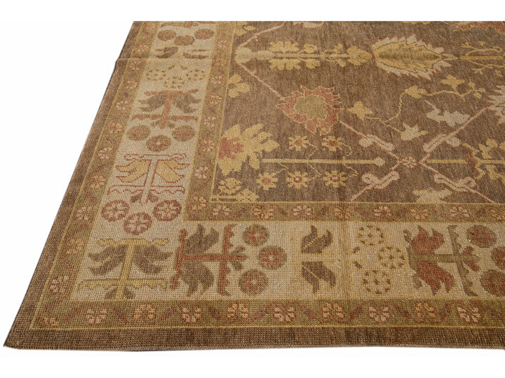 Modern Turkish Oushak Handmade Floral Motif Brown Gallery Wool Rug