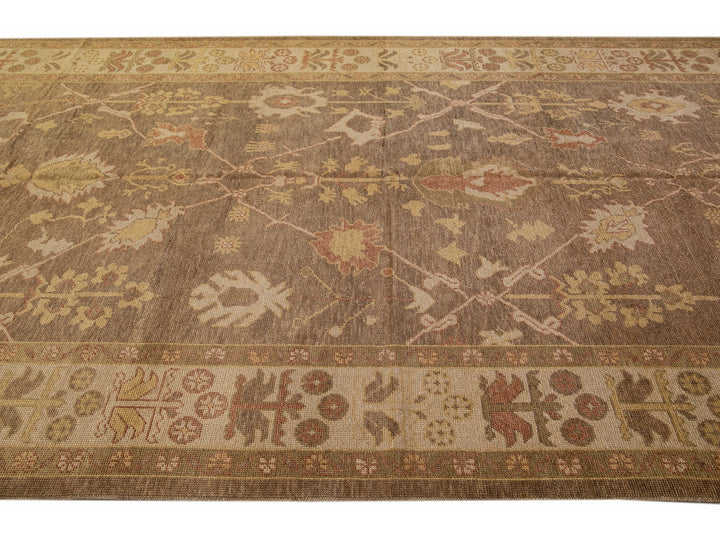 Modern Turkish Oushak Handmade Floral Motif Brown Gallery Wool Rug