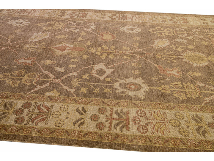 Modern Turkish Oushak Handmade Floral Motif Brown Gallery Wool Rug
