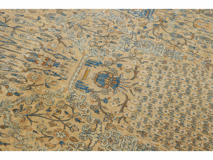 Antique Persian Kerman Handmade All-Over Floral Goldenrod Wool Rug