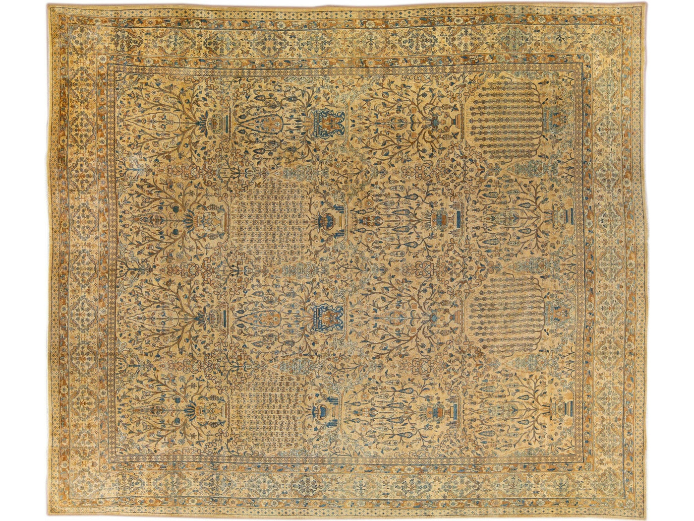 Antique Persian Kerman Handmade All-Over Floral Goldenrod Wool Rug