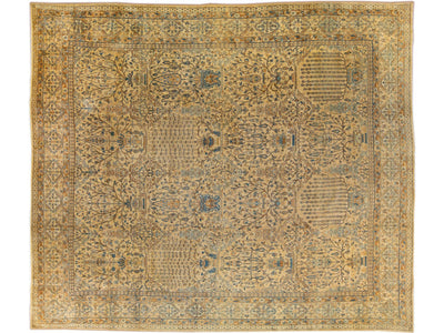 Antique Persian Kerman Handmade All-Over Floral Goldenrod Wool Rug