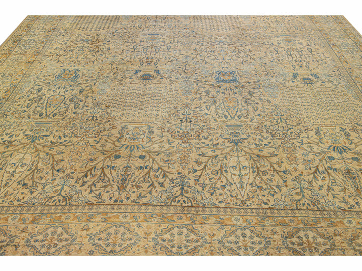 Antique Persian Kerman Handmade All-Over Floral Goldenrod Wool Rug