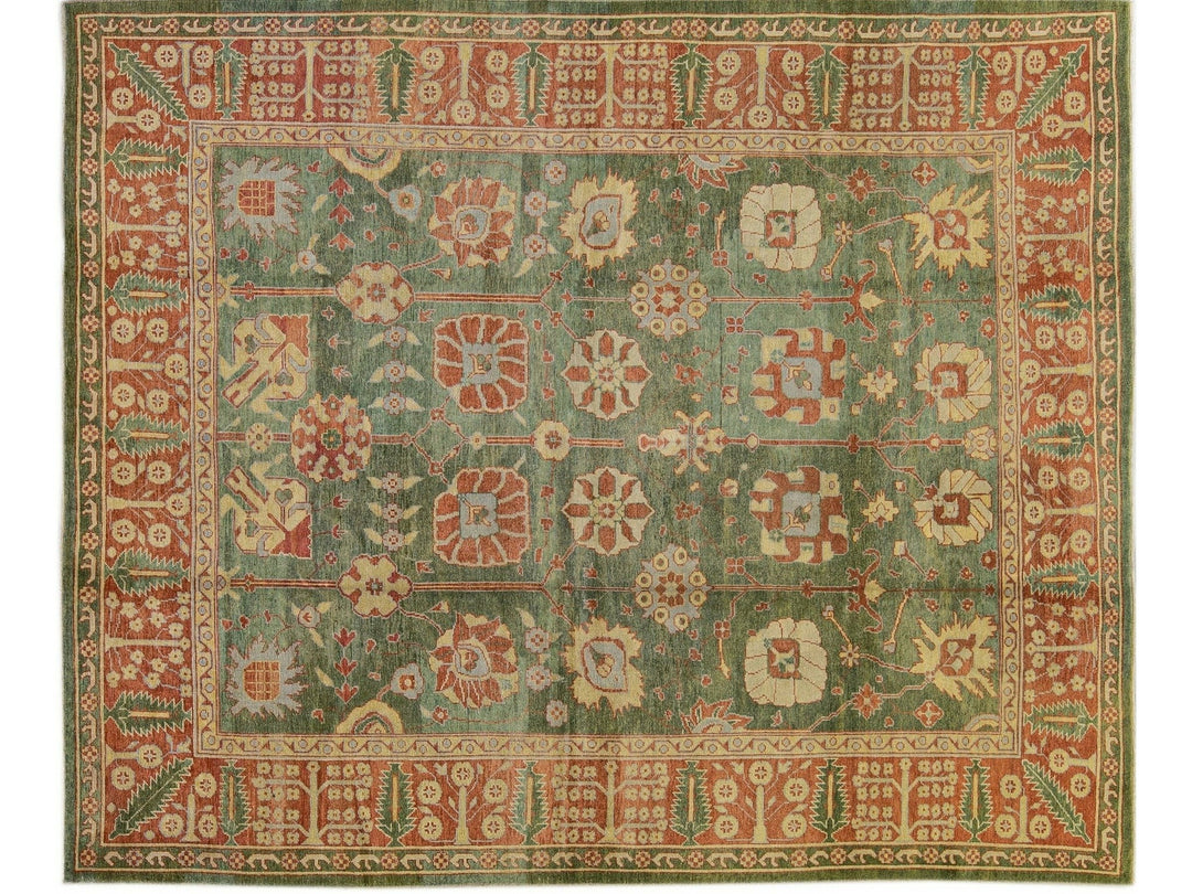 Modern Turkish Oushak Handmade Floral Motif Green Wool Rug