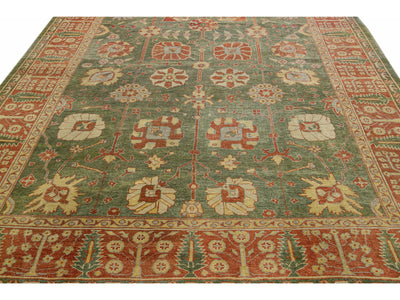 Modern Turkish Oushak Handmade Floral Motif Green Wool Rug