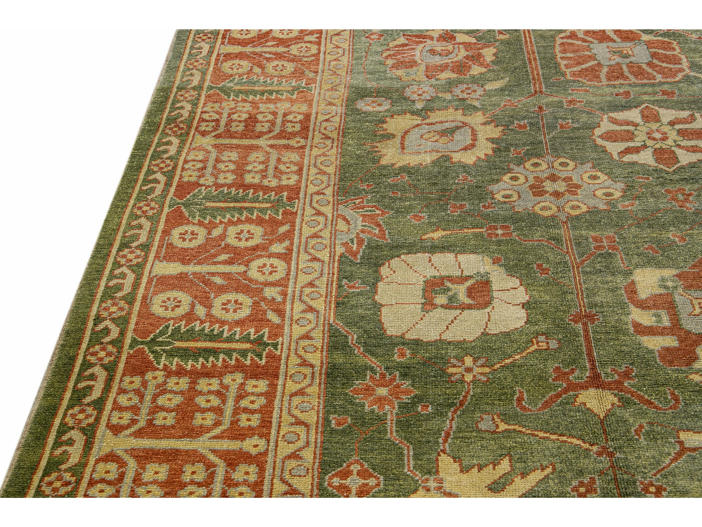 Modern Turkish Oushak Handmade Floral Motif Green Wool Rug