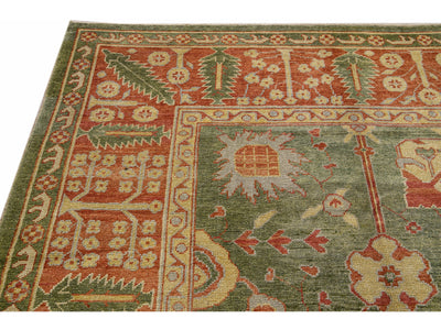 Modern Turkish Oushak Handmade Floral Motif Green Wool Rug