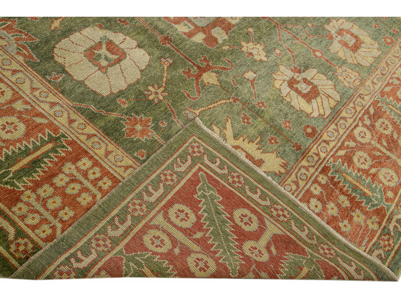 Modern Turkish Oushak Handmade Floral Motif Green Wool Rug