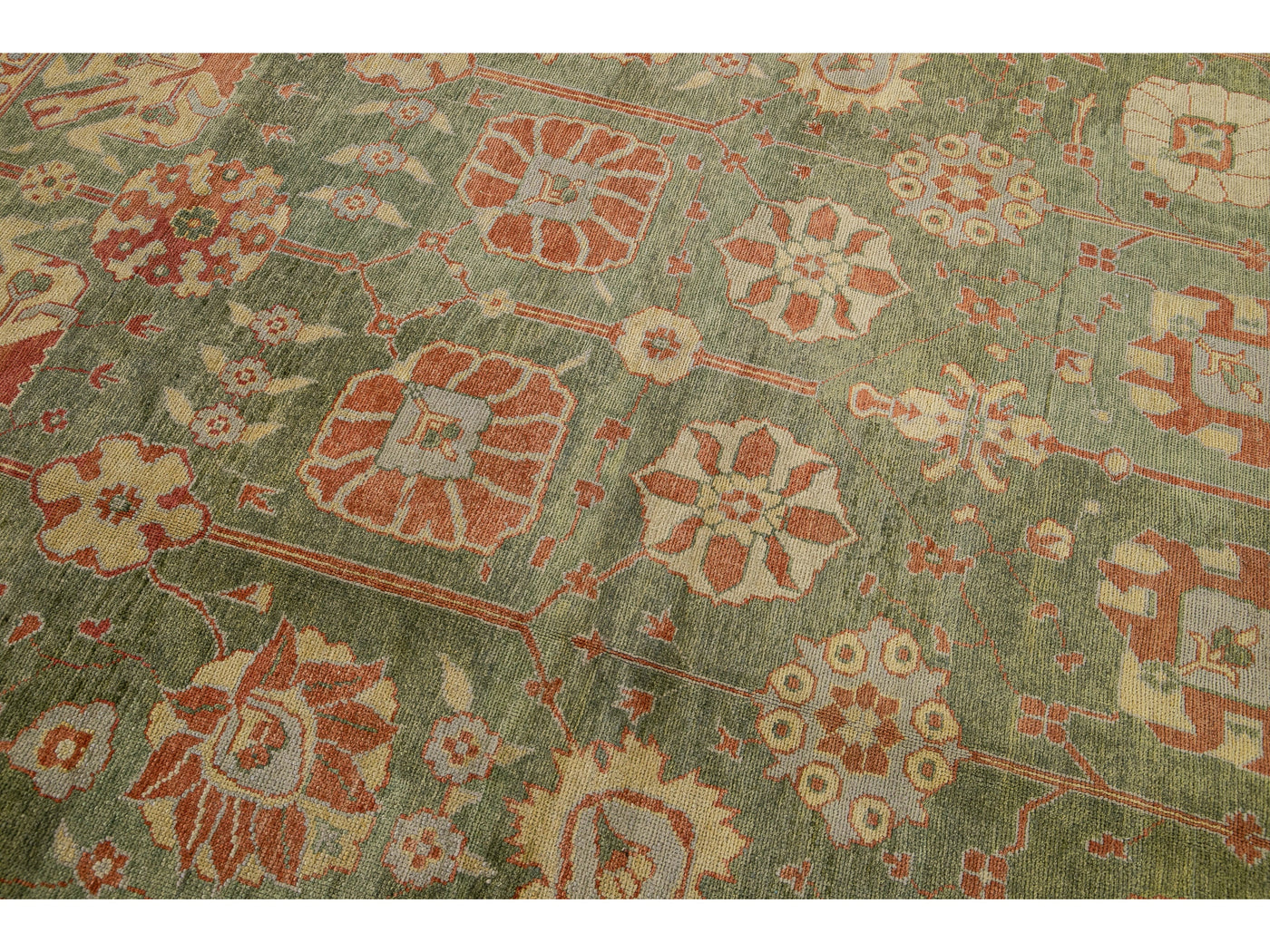 Modern Turkish Oushak Handmade Floral Motif Green Wool Rug