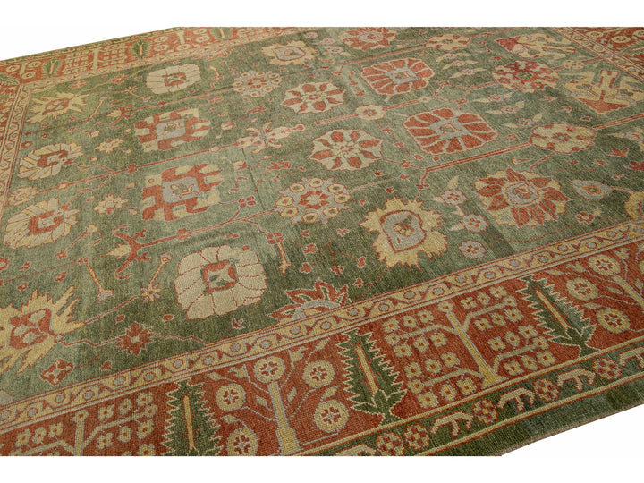 Modern Turkish Oushak Handmade Floral Motif Green Wool Rug