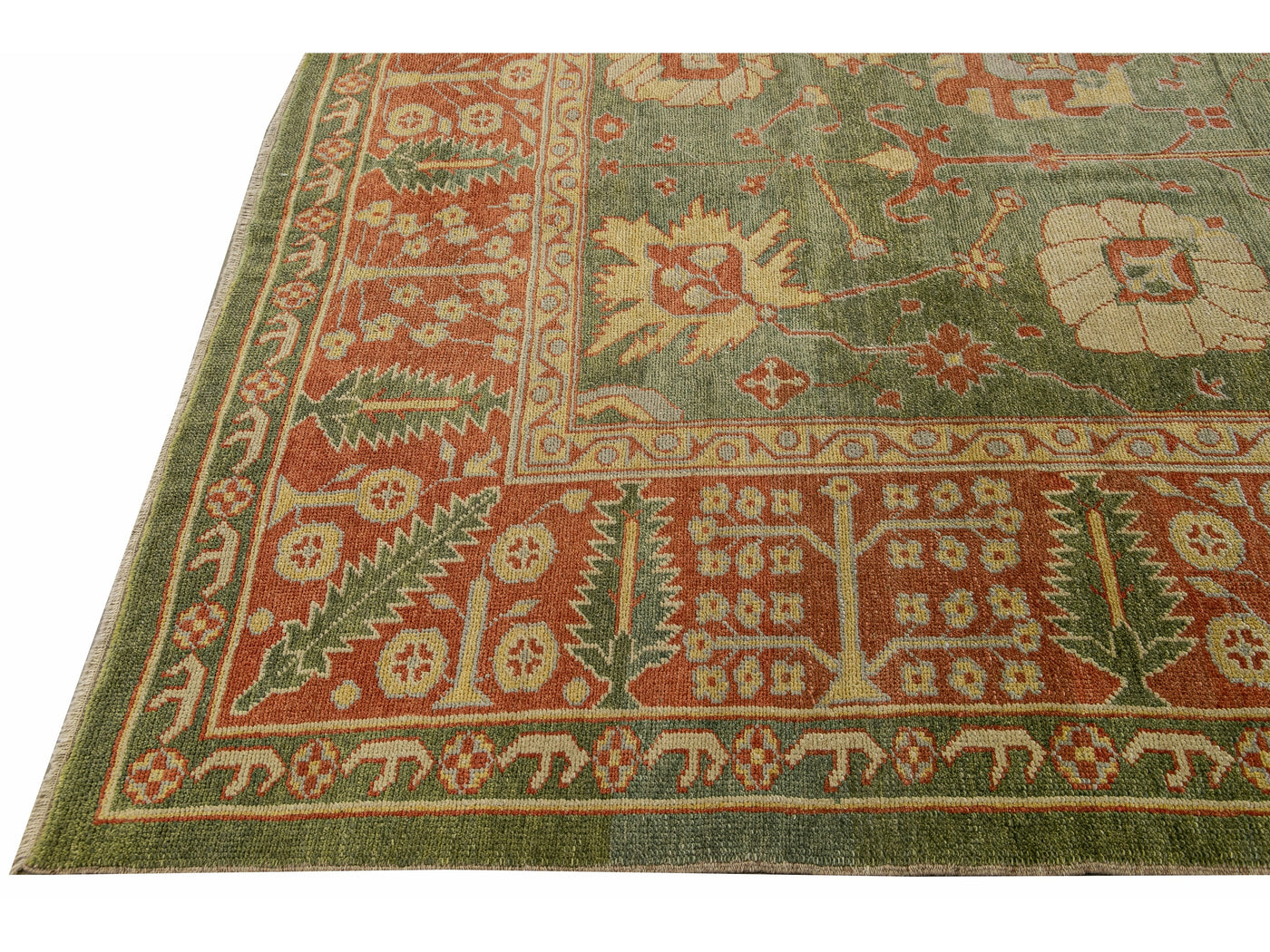 Modern Turkish Oushak Handmade Floral Motif Green Wool Rug