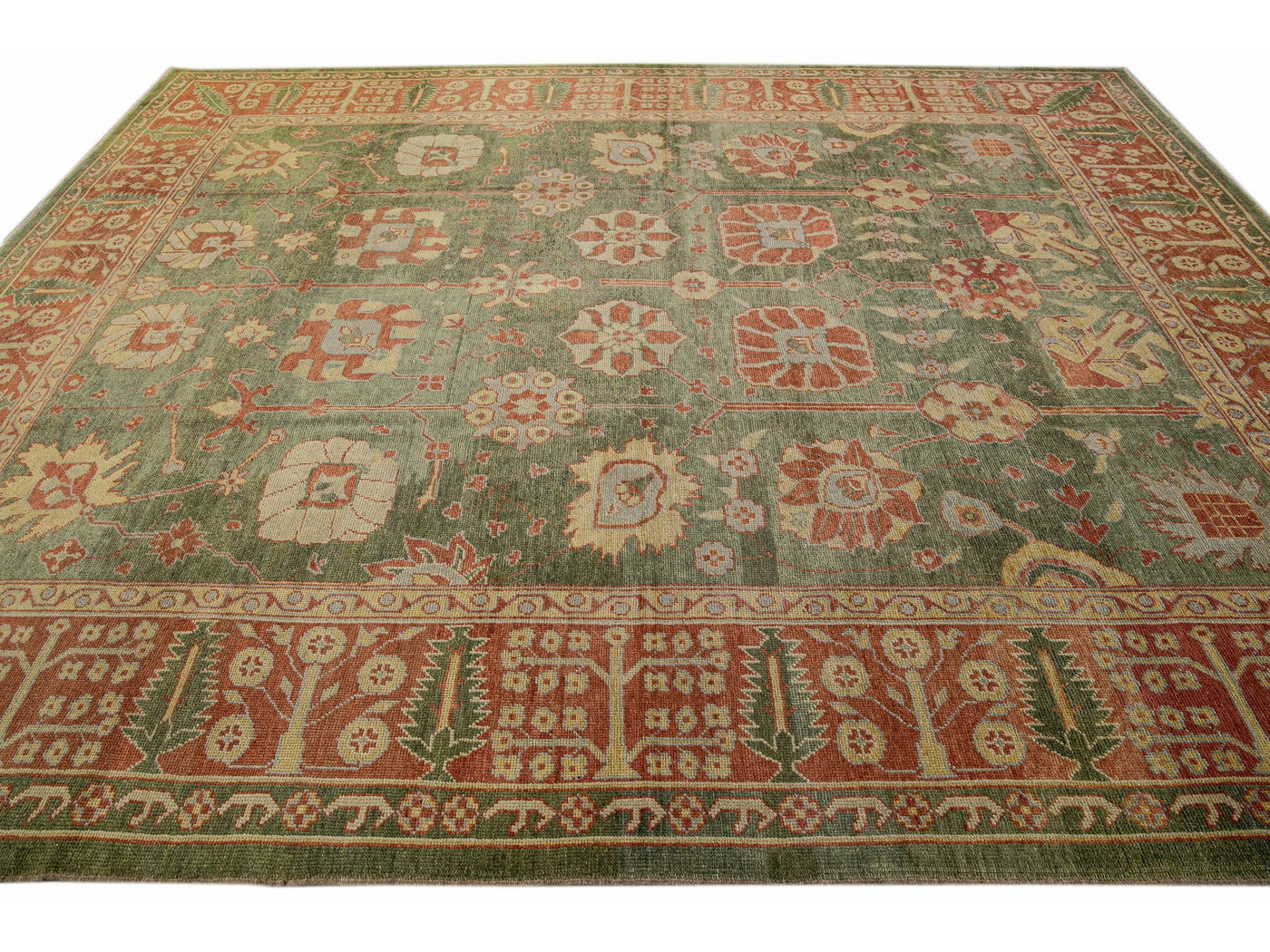 Modern Turkish Oushak Handmade Floral Motif Green Wool Rug