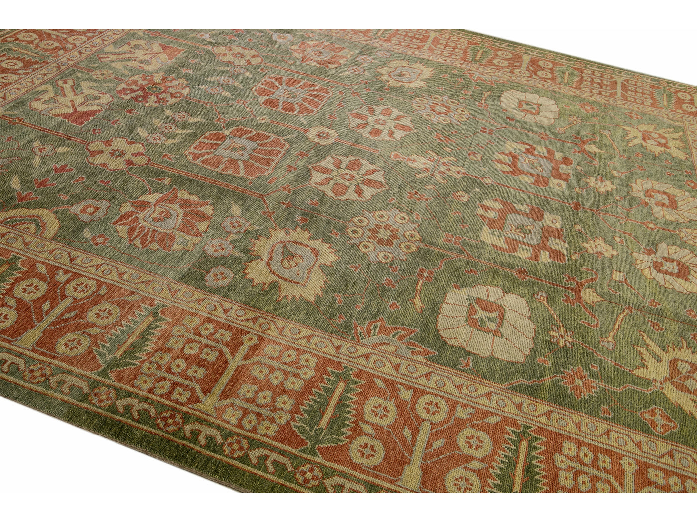 Modern Turkish Oushak Handmade Floral Motif Green Wool Rug