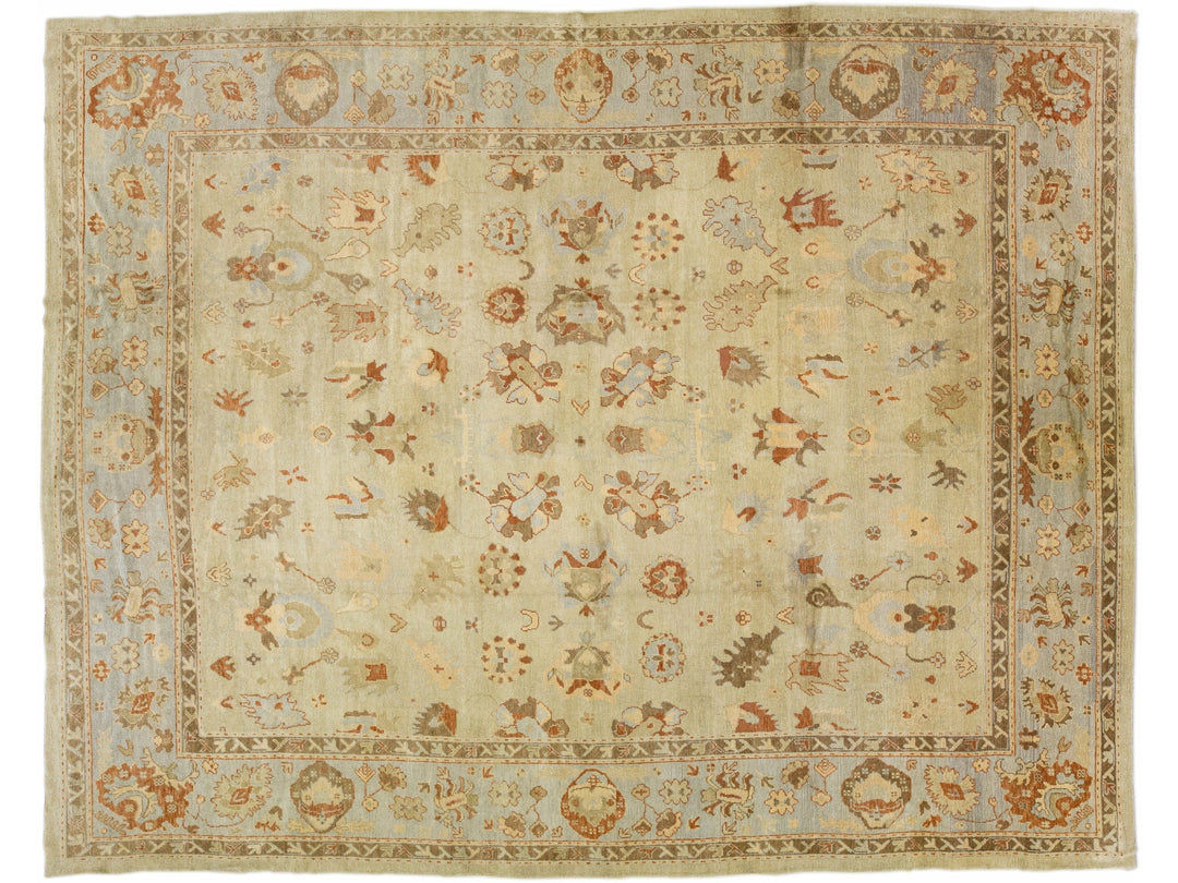 Modern Oushak Beige Handmade Floral Pattern Oversize Wool Rug