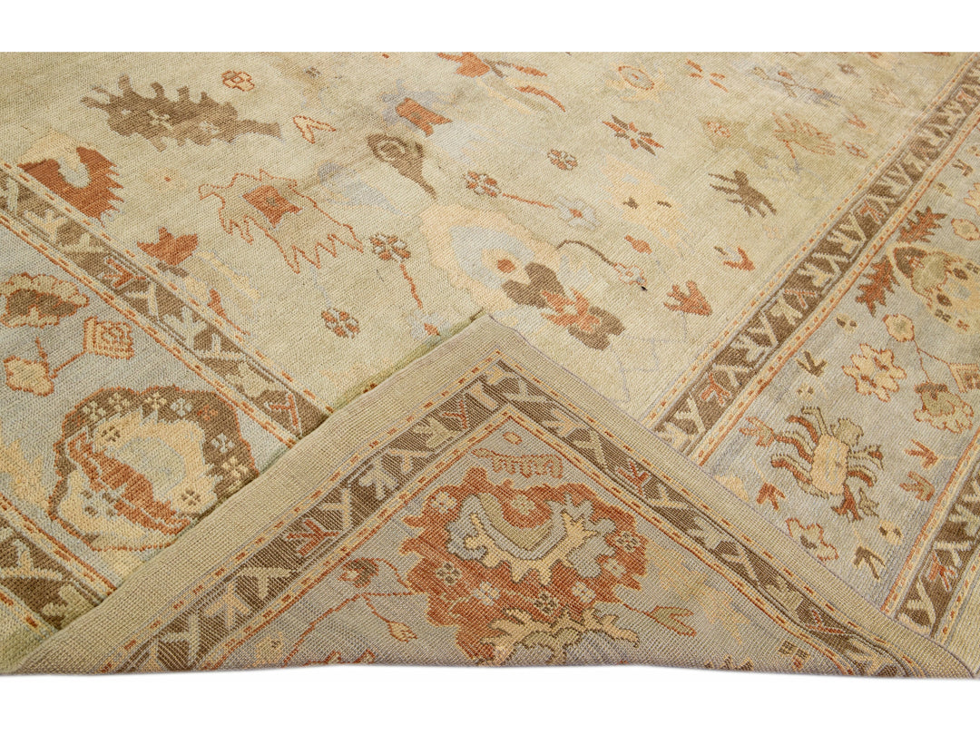 Modern Oushak Beige Handmade Floral Pattern Oversize Wool Rug