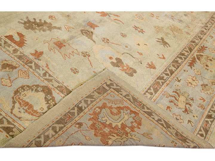 Modern Oushak Beige Handmade Floral Pattern Oversize Wool Rug