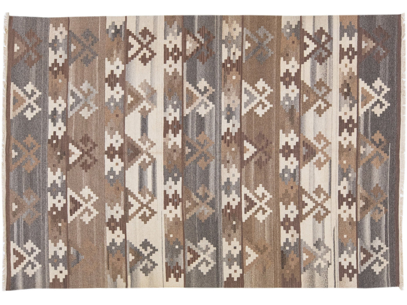 Modern Kilim Brown Flat-Weave Geometric Wool Rug