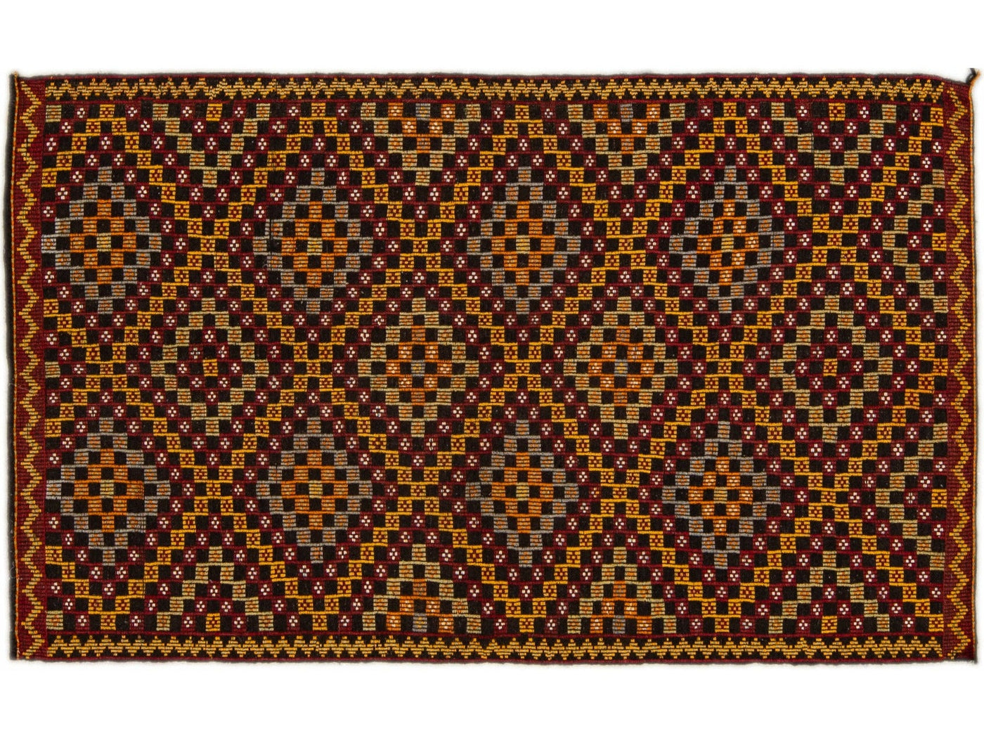 Vintage Soumak Handmade Geometric Designed Brown Wool Rug