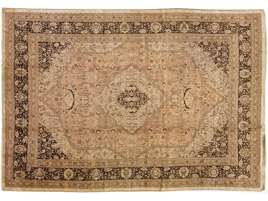 Antique Tabriz Beige Handmade Oversize Persian Wool Rug with Shah Abbasi Motif