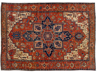 Rust Antique Persian Serapi Handmade Medallion Wool Rug