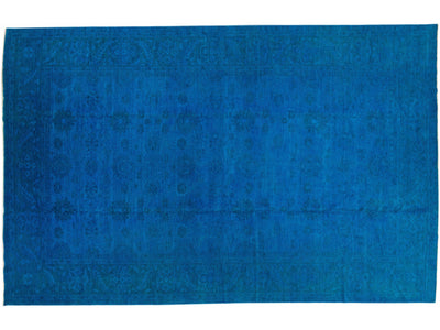 Blue Vintage Allover Motif Handmade Overdyed Wool Rug