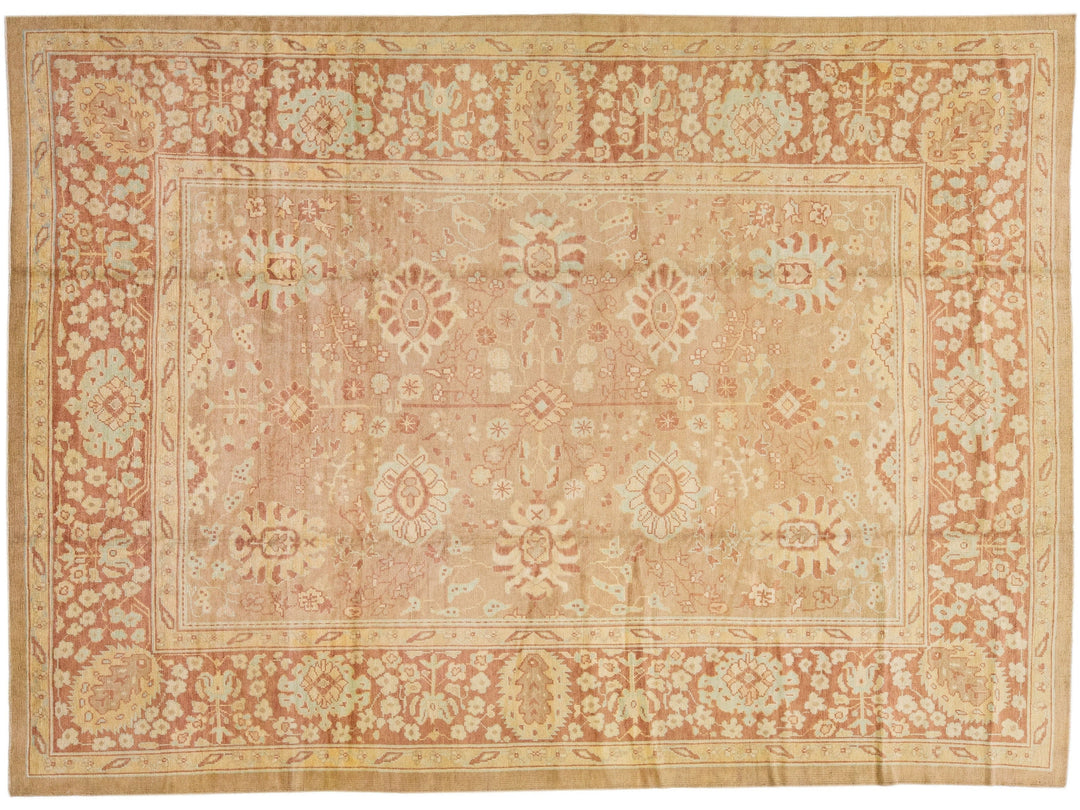 Tan Modern Turkish Oushak Handmade Wool Rug With Floral Motif
