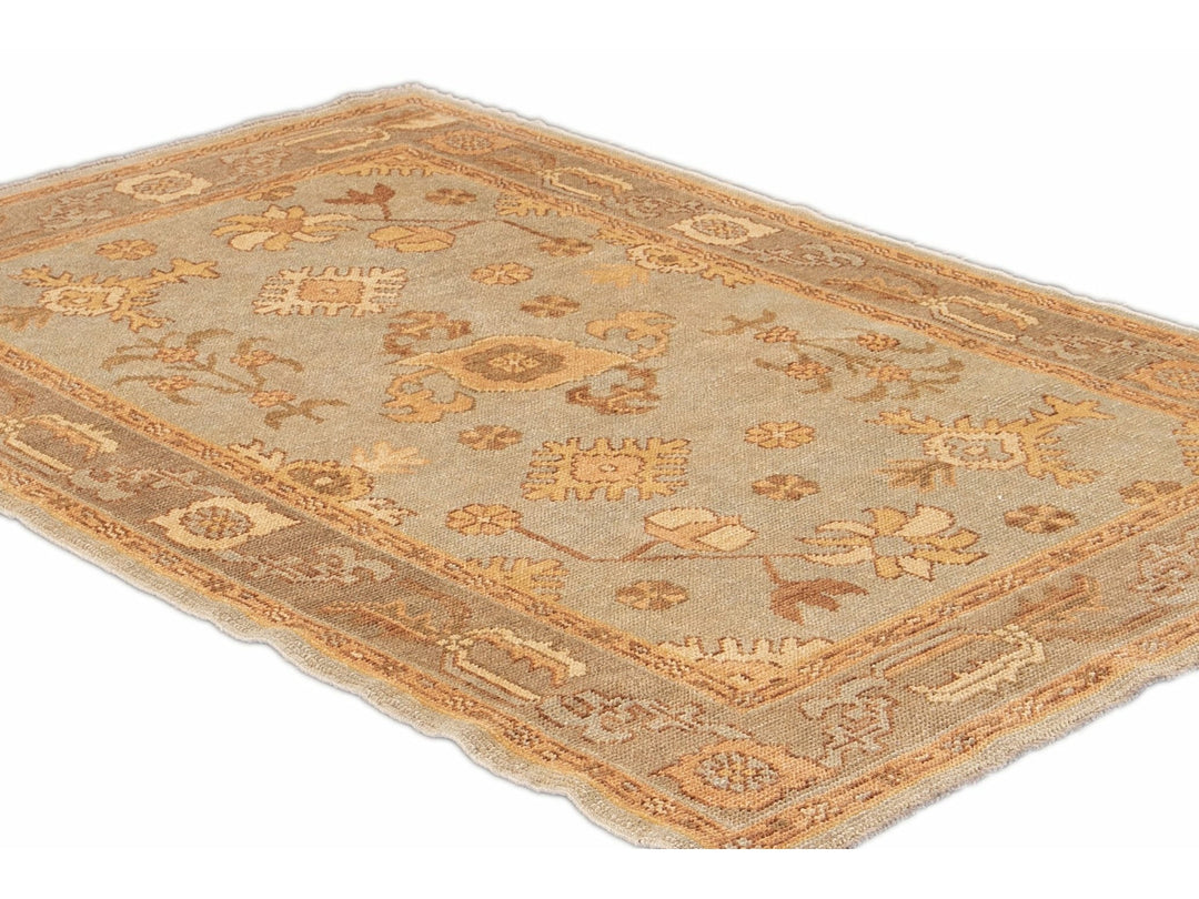 Modern Turkish Oushak Light Blue Handmade Floral Wool Rug
