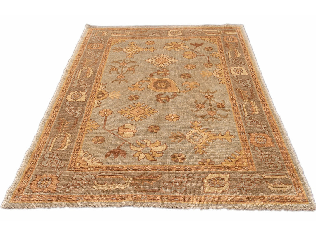 Modern Turkish Oushak Light Blue Handmade Floral Wool Rug