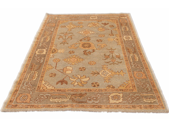 Modern Turkish Oushak Light Blue Handmade Floral Wool Rug