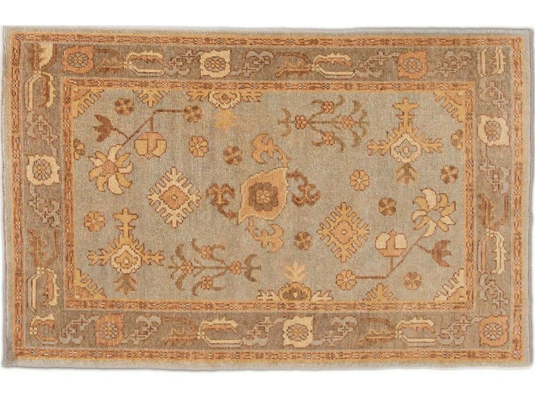 Modern Turkish Oushak Light Blue Handmade Floral Wool Rug