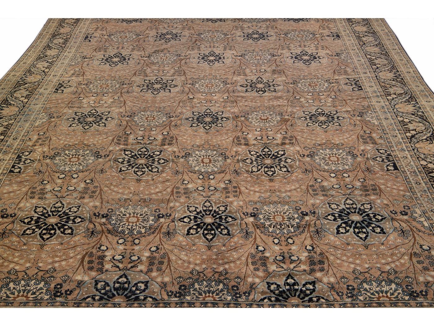 Antique Tabriz Beige And Blue Handmade Floral Pattern Persian Ovesize Wool Rug