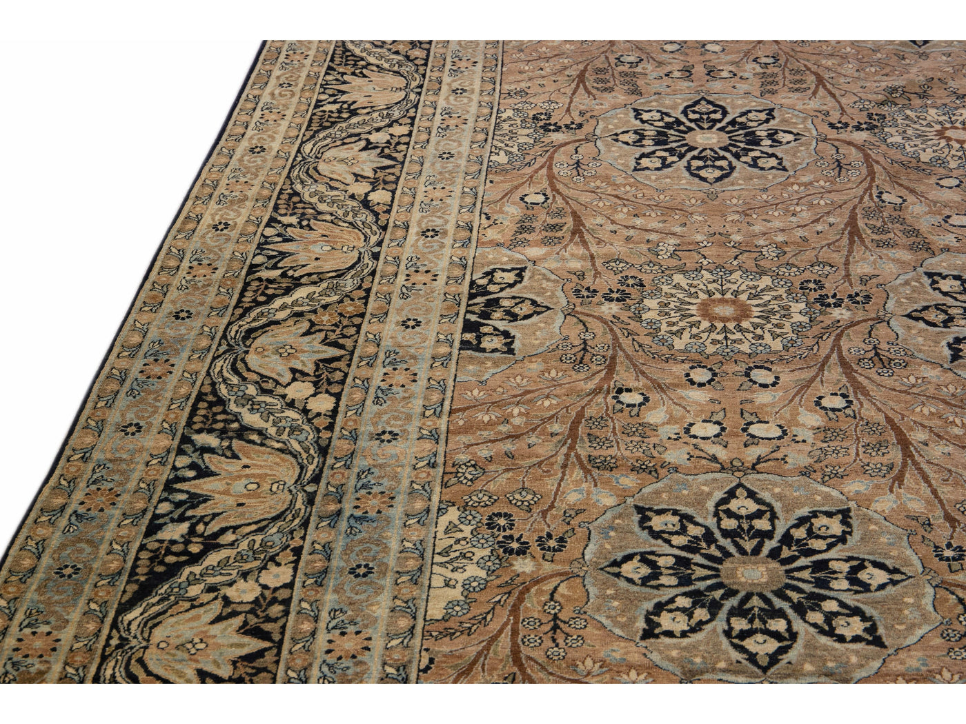 Antique Tabriz Beige And Blue Handmade Floral Pattern Persian Ovesize Wool Rug