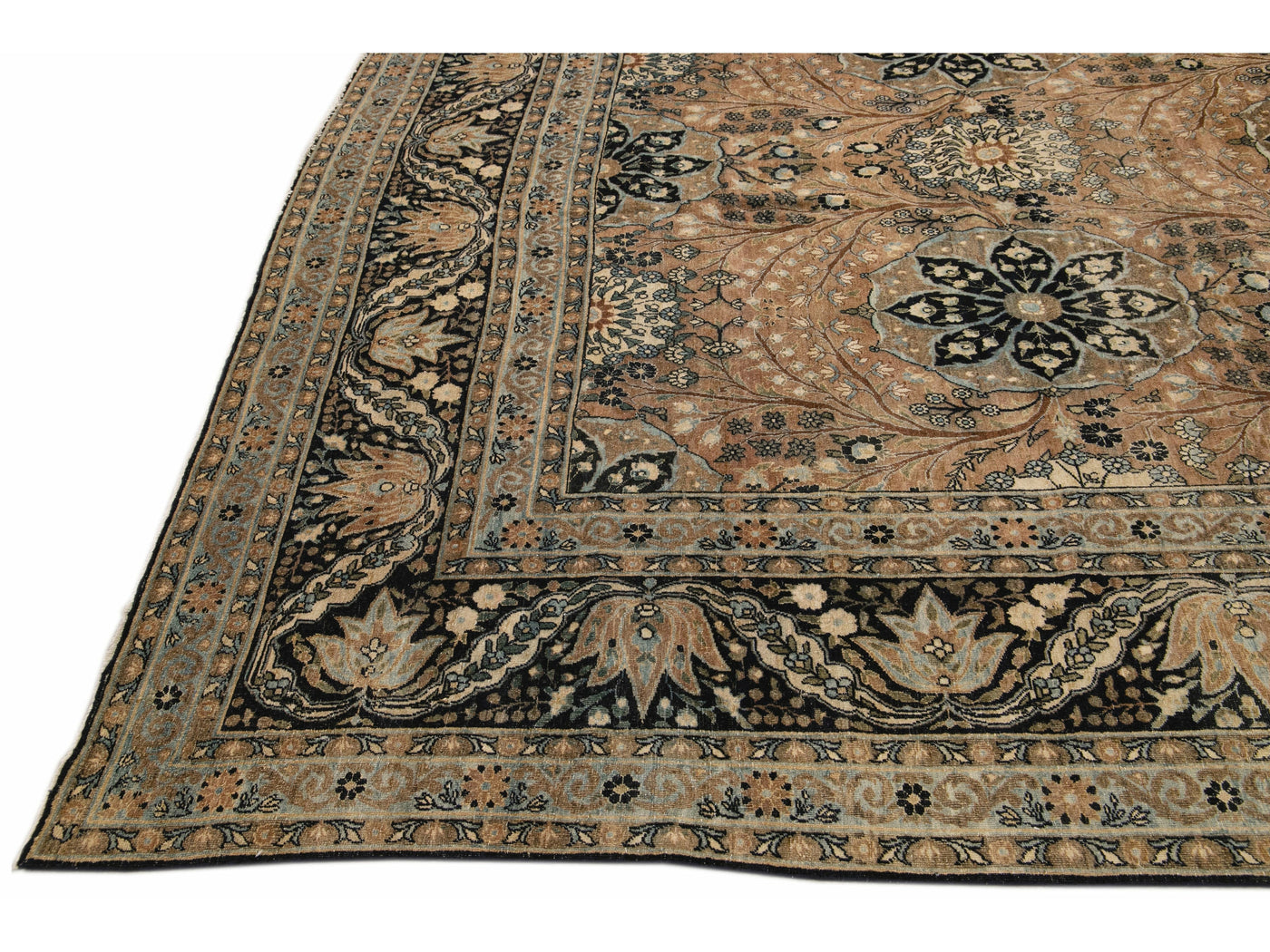 Antique Tabriz Beige And Blue Handmade Floral Pattern Persian Ovesize Wool Rug