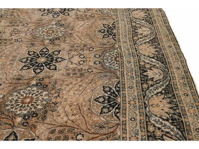 Antique Tabriz Beige And Blue Handmade Floral Pattern Persian Ovesize Wool Rug