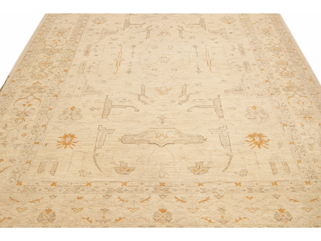 Modern Peshawar Beige Handmade Allover Motif Wool Rug