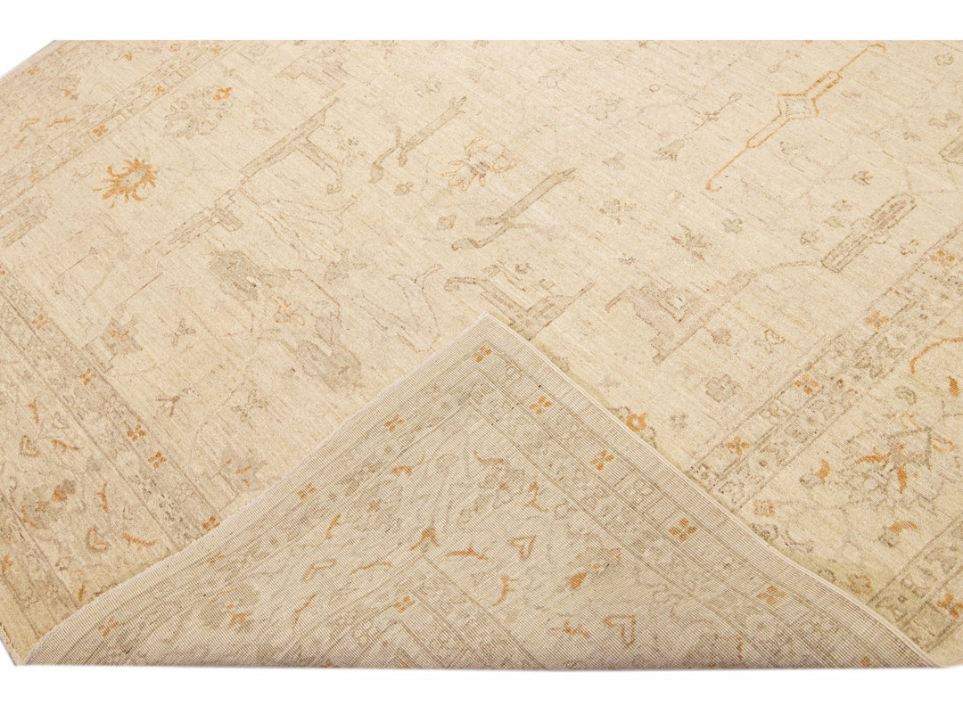 Modern Peshawar Beige Handmade Allover Motif Wool Rug