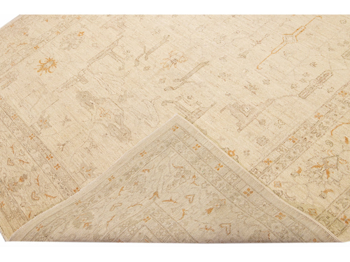 Modern Peshawar Beige Handmade Allover Motif Wool Rug