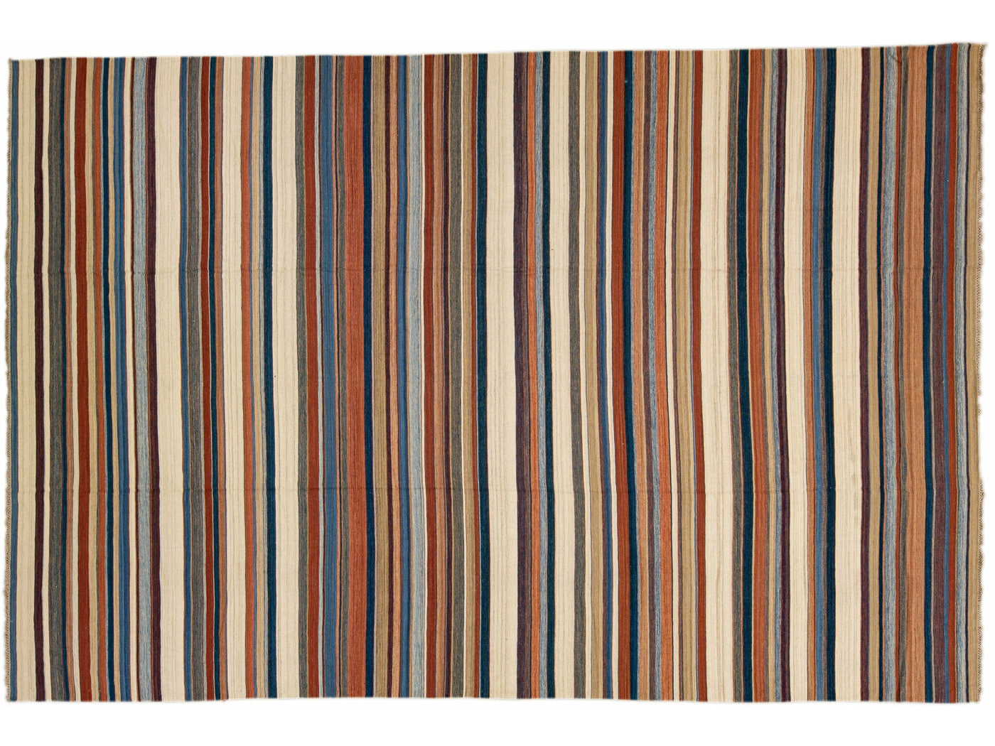 Modern Oversize Kilim Handmade Earthy Tones Striped Pattern Wool Rug