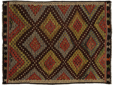 Brown Vintage Soumak Handmade Geometric Designed Wool Rug