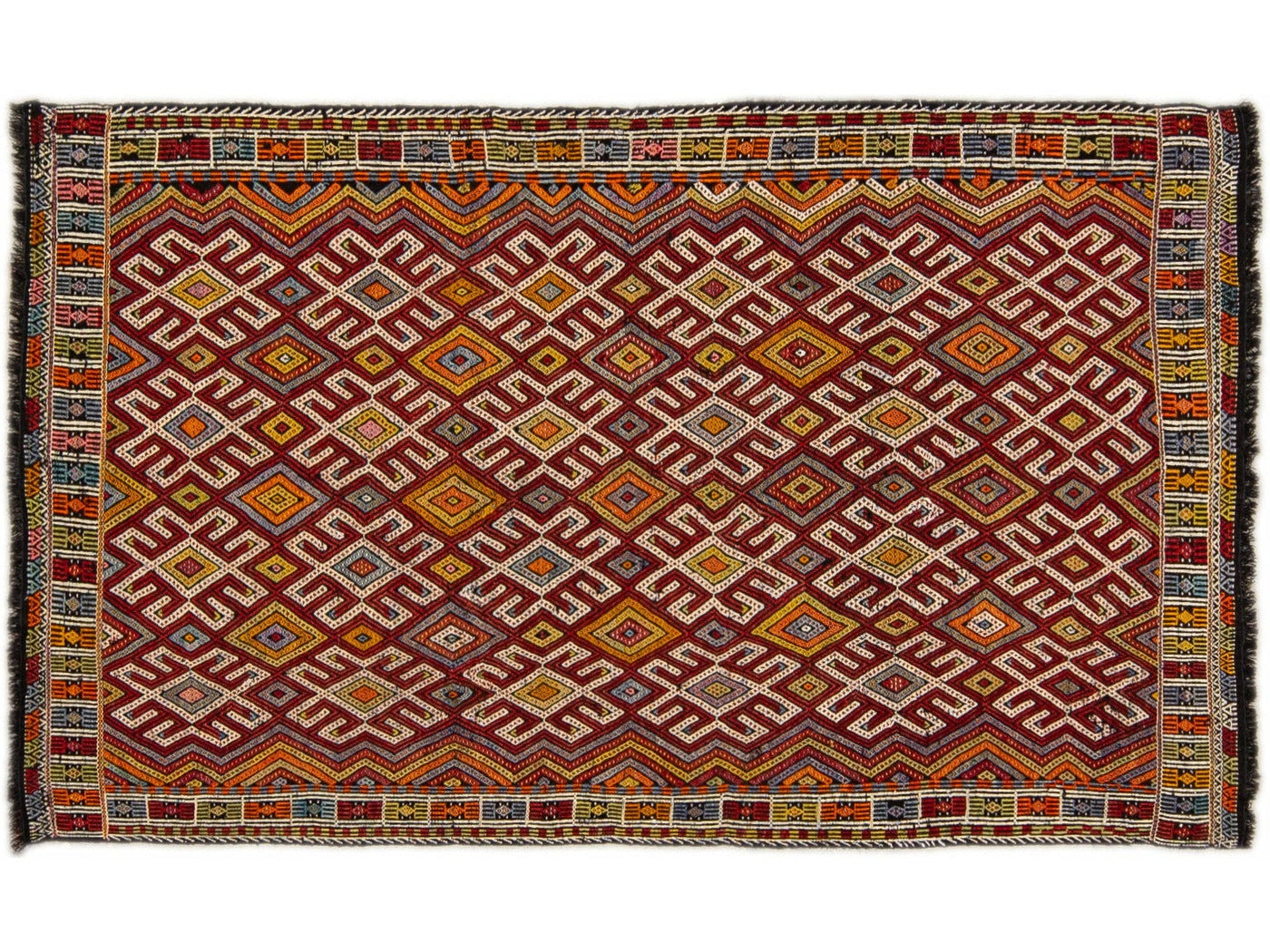 Vintage Soumak Handmade Geometric Designed Multicolor Wool Rug