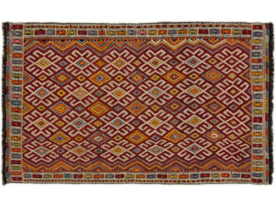 Vintage Soumak Handmade Geometric Designed Multicolor Wool Rug